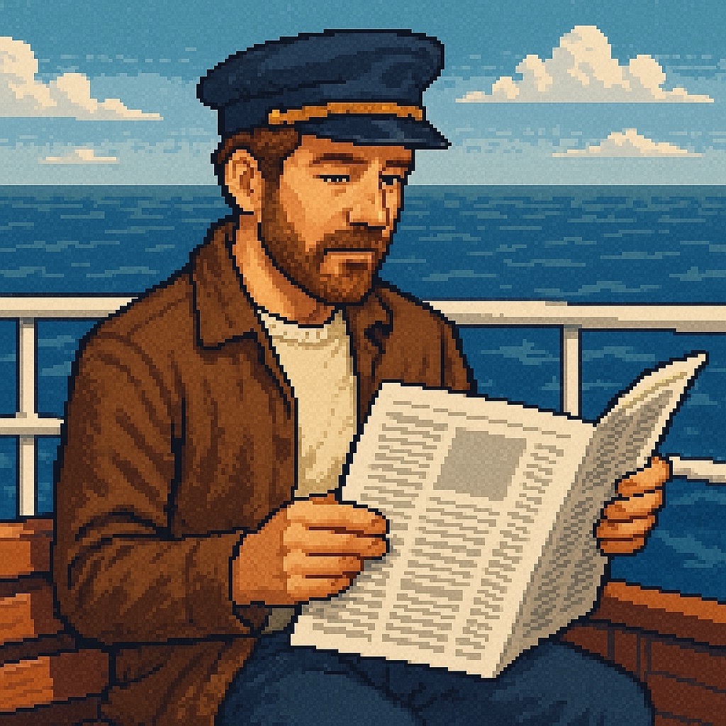 Man sitzend auf einem Schiff mit einer Zeitung in der Hand beim Lesen.