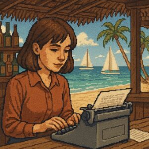 Pixelart, Frau arbeitet in an einer Schreibmaschine in einer Strandbar, im Hintergrund eine bucht mit Segelbooten