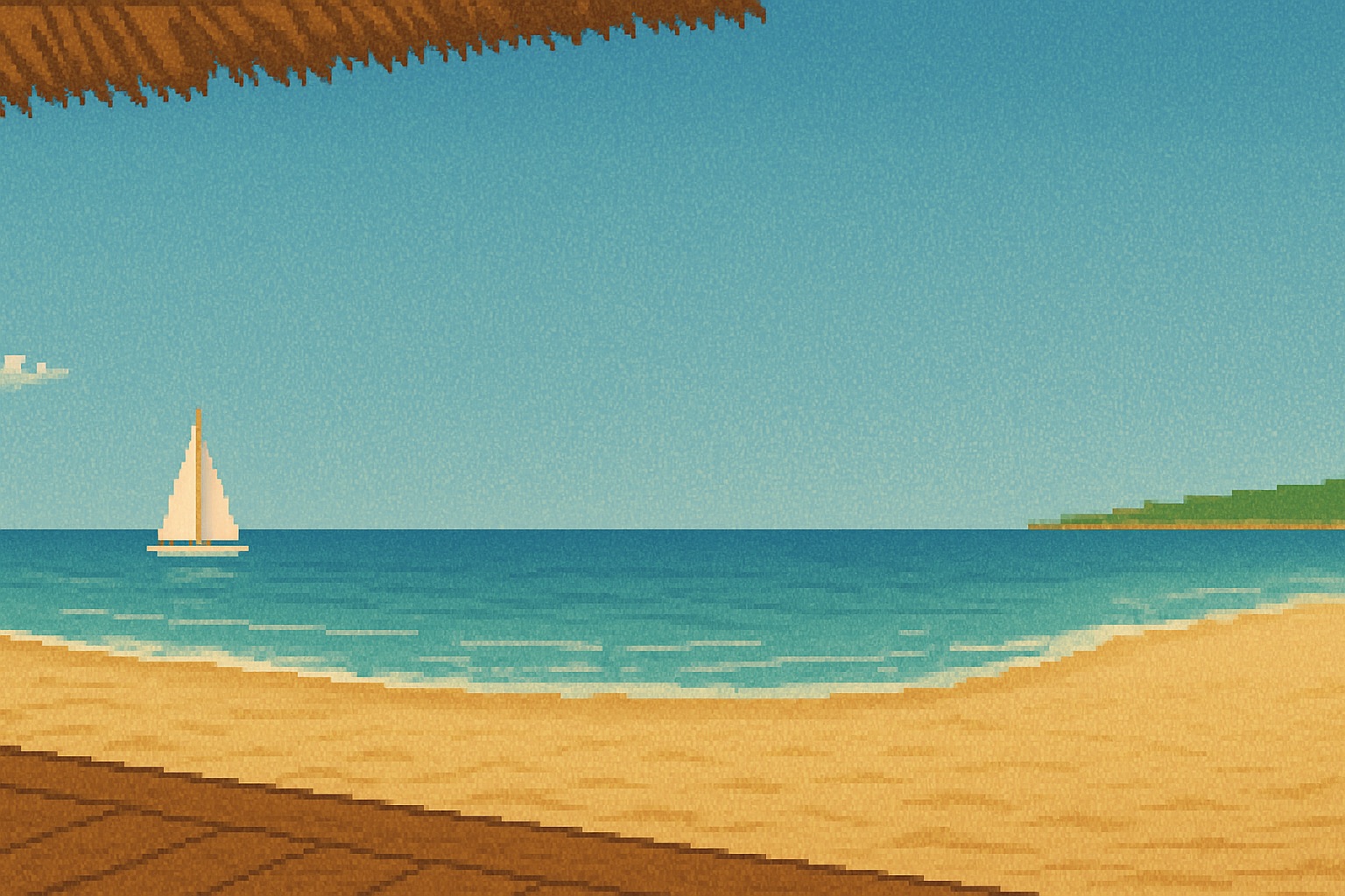 Pixelart Strandszene mit einem Segelboot in einer Bucht.